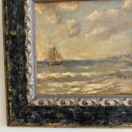 Vintage Seascape Oil Painting "Painted Frame" Rustic Small Artwork Holland Art Shop