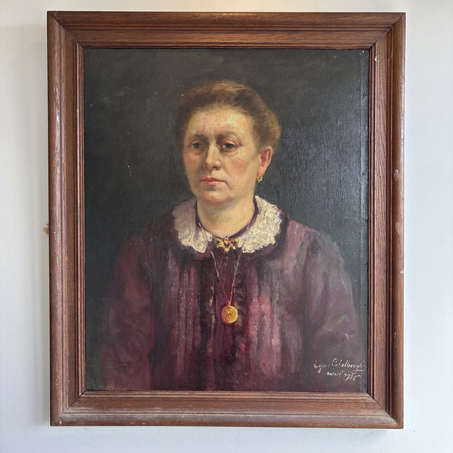 1916 Antique Portrait Oil Painting "Seated Woman" Belgique Artwork Holland Art Shop