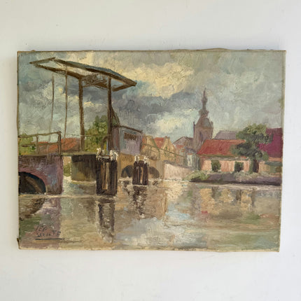 L Vintage Cityscape Oil Painting "River Bridge" Elegant Small Artwork Holland Art Shop