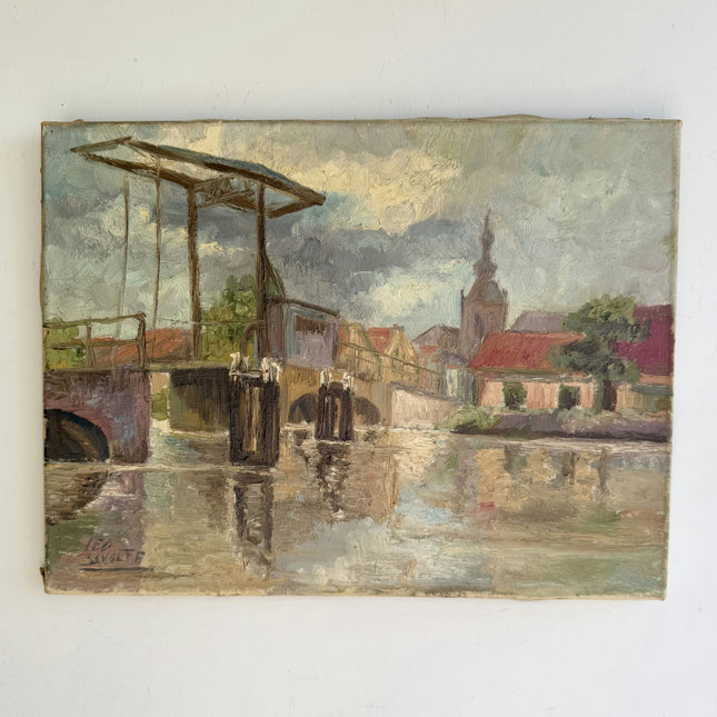 L Vintage Cityscape Oil Painting "River Bridge" Elegant Small Artwork Holland Art Shop