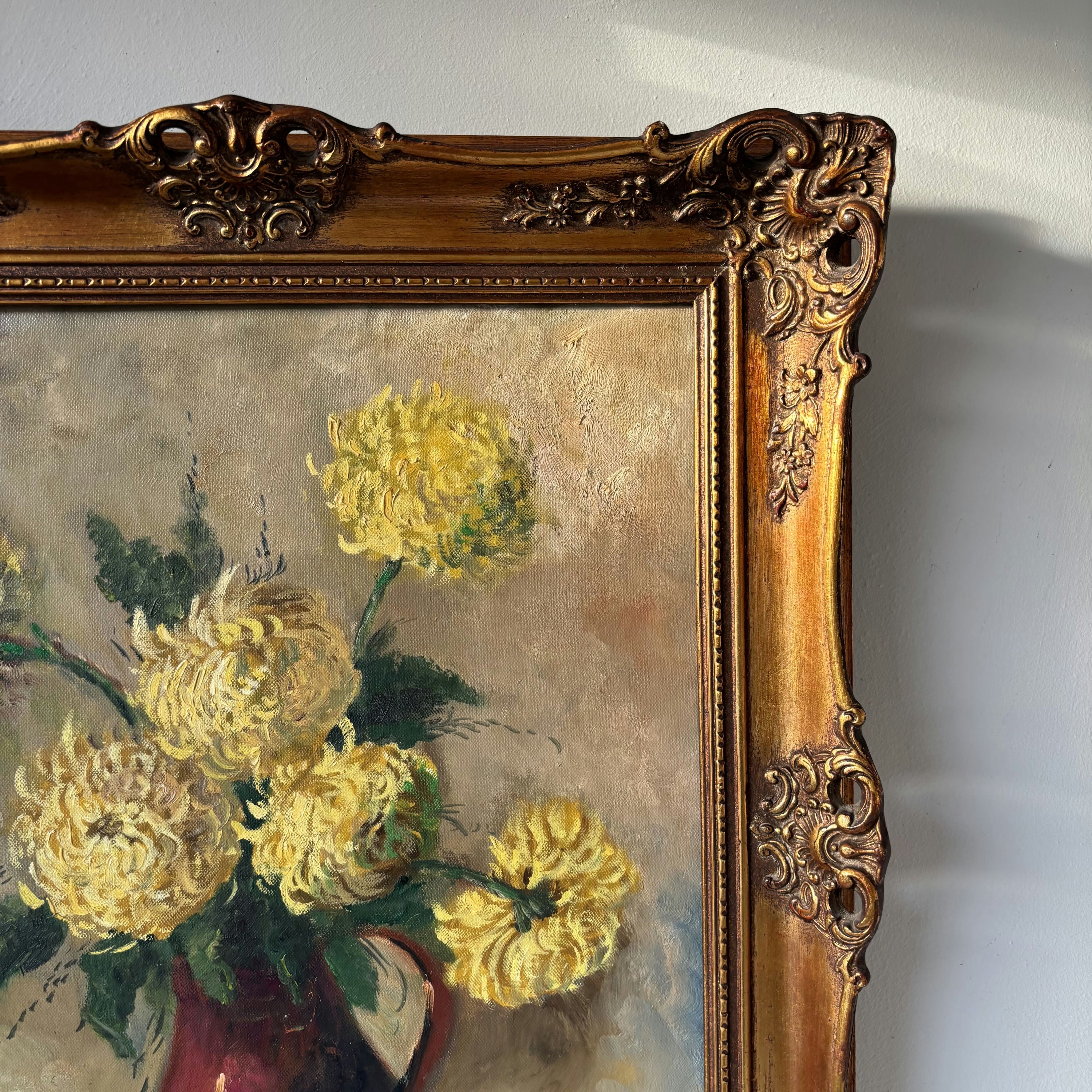 19th Century Elegant Yellow Chrysanthemums Red Pitcher Oil Painting Antique