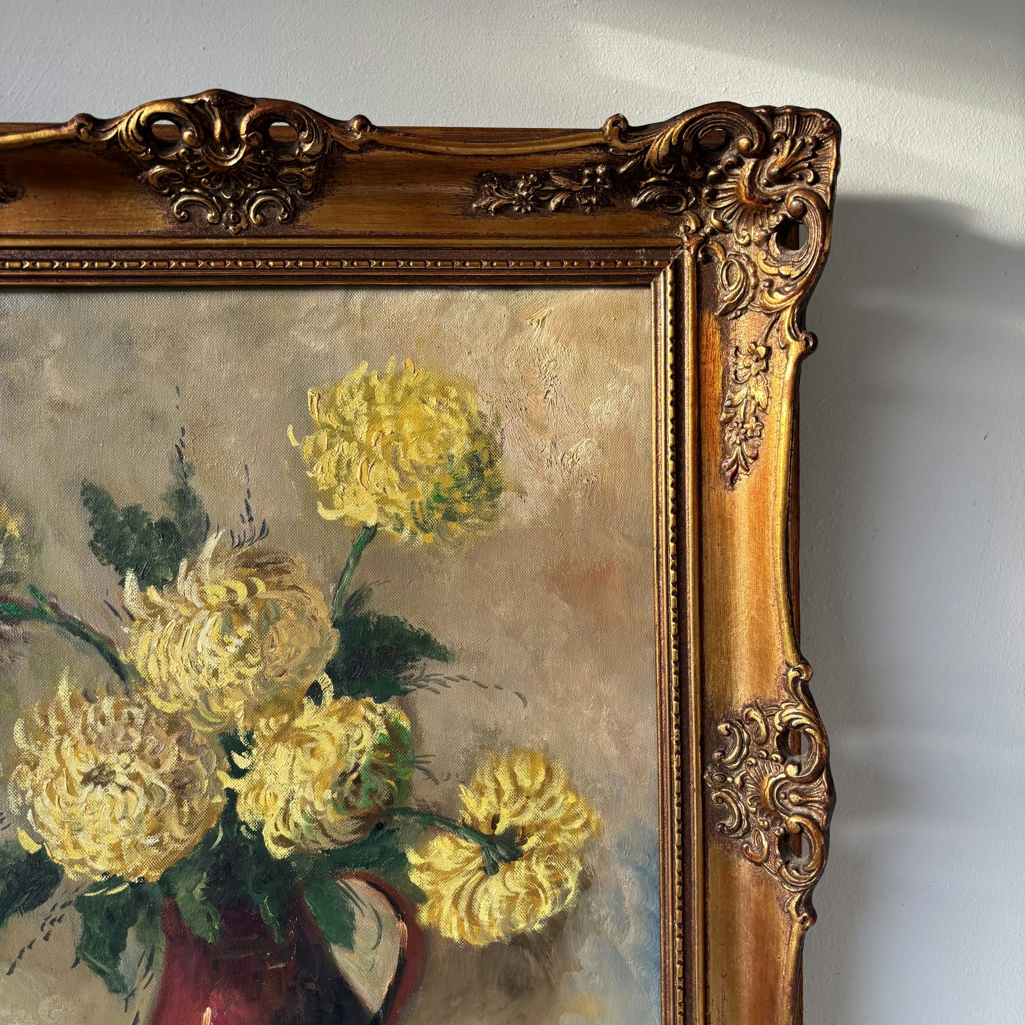 19th Century Elegant Yellow Chrysanthemums Red Pitcher Oil Painting Antique