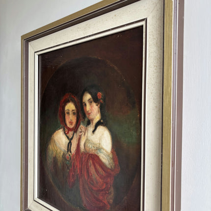 19th Century Antique Figurative Oil Painting "Two Women" Belgique Artwork Holland Art Shop