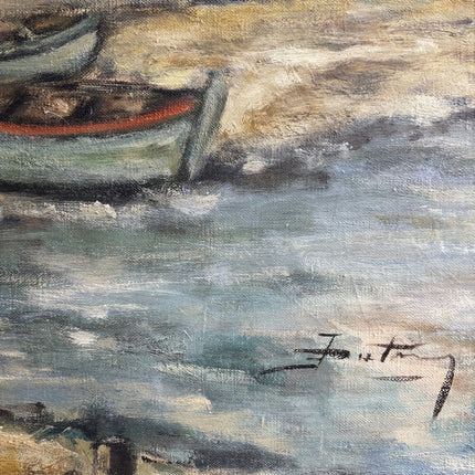 Expressive Harbor Scene Oil Painting "Boats Shoreline" Timeless Large Art Holland Art Shop