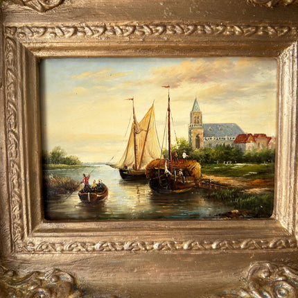 Remarkable Oil Painting Scenery "Fishing Boats" Refined Small Art Holland Art Shop