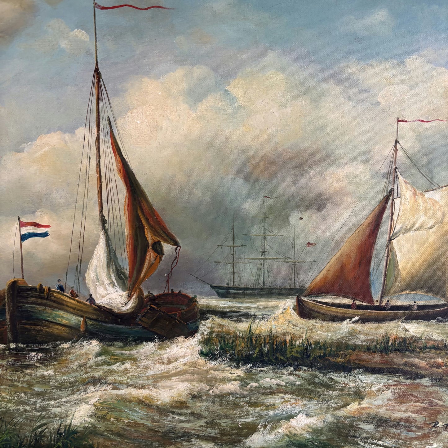 Remarkable Oil Painting Seascape "Sailing Vessels" Antique Medium Art