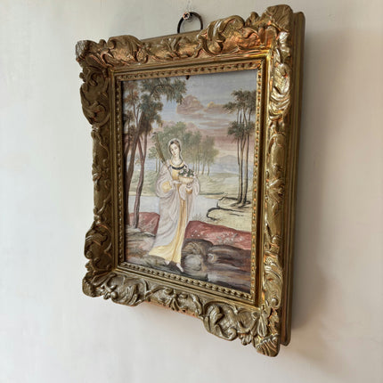 19th Century Antique Portrait Egg Tempera "Woman With Bouquet" Small Art Holland Art Shop