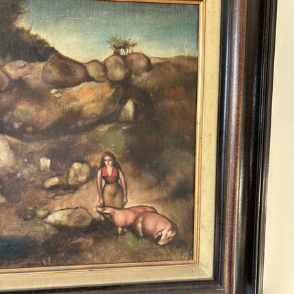 Remarkable Oil Painting Landscape "Girl With Pig" Striking Large Art Holland Art Shop