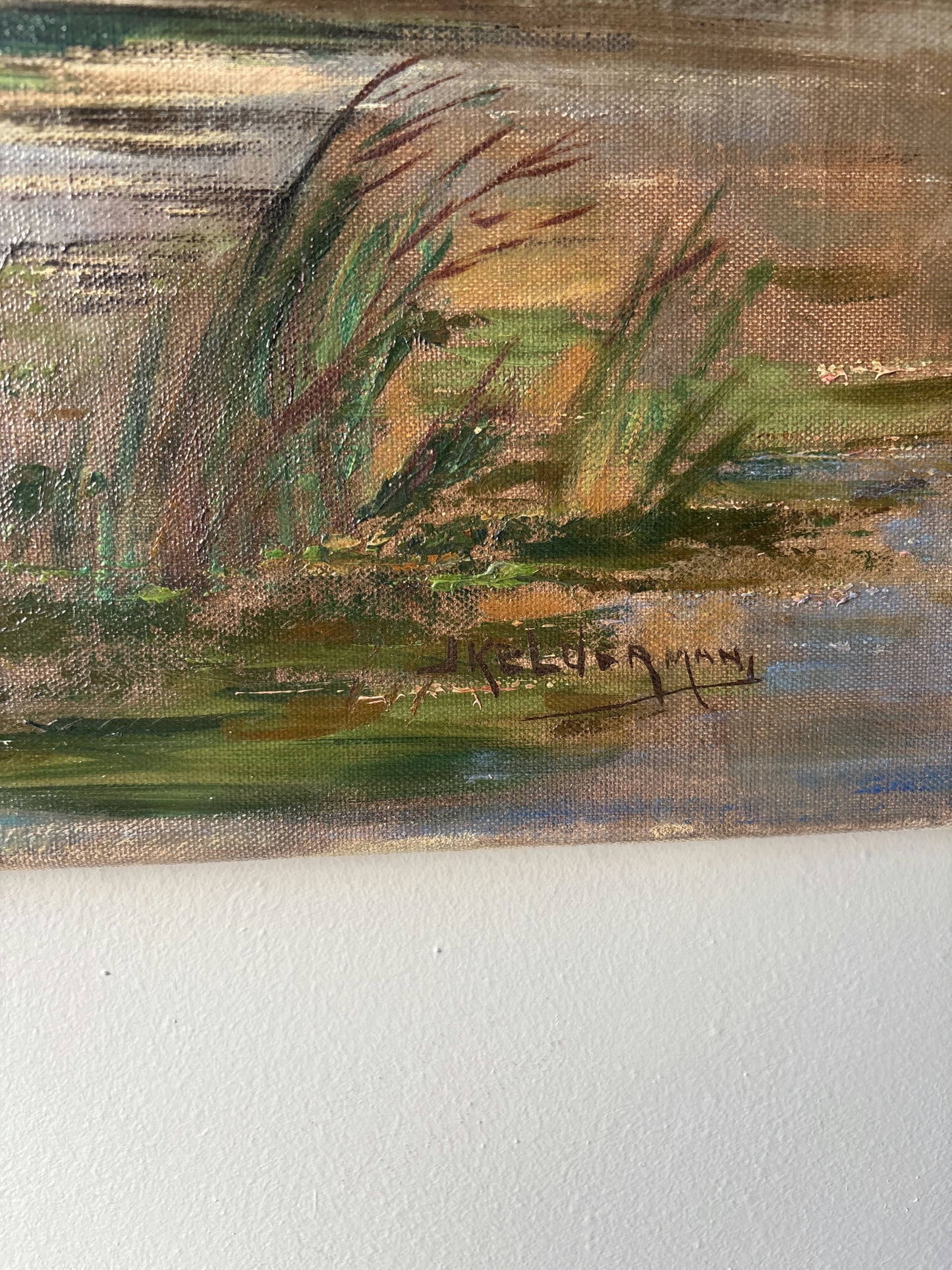 20th Century Marsh Boat Clouds Sunset Village Vintage Oil Painting Authentic