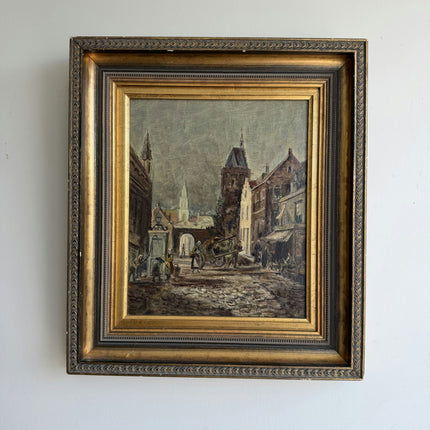 Antique Cityscape Oil Painting "City Street" Rustic Small Artwork Holland Art Shop