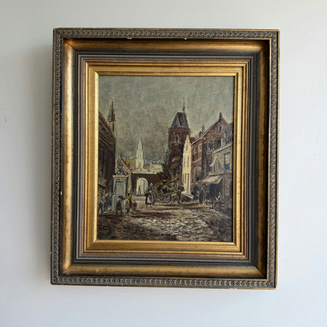 Antique Cityscape Oil Painting "City Street" Rustic Small Artwork Holland Art Shop