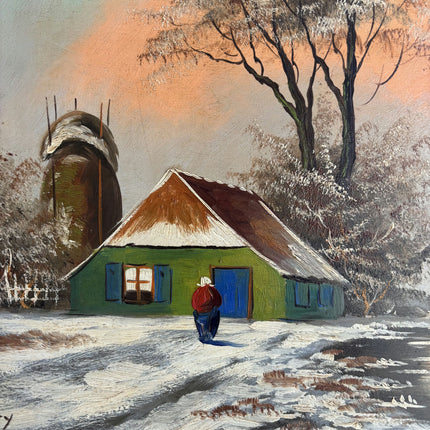 Classic Winter Landscape Oil Painting "Green Boat" Traditional Artwork Holland Art Shop