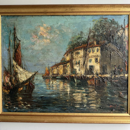 Original Harbor Scene Oil Painting "Harbor Boats" Rustic Large Art Holland Art Shop