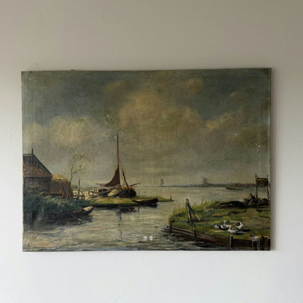 19th Century Antique Seascape Oil Painting "Sailboat Mast" Large Artwork Holland Art Shop