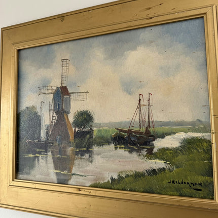 Rustic Harbor Scene Oil Painting "River Windmill" Elegant Art Holland Art Shop