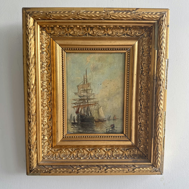19th Century Antique Seascape Oil Painting "Gilded Frame" Small Art Holland Art Shop