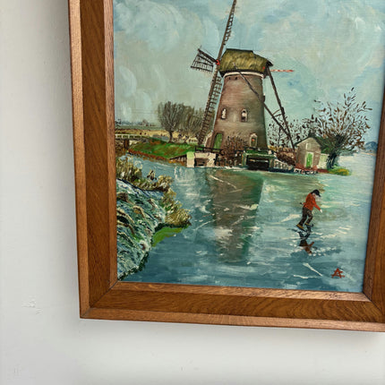 Fine Oil Painting Winter Landscape "Windmill Reflection" Handcrafted Large Art