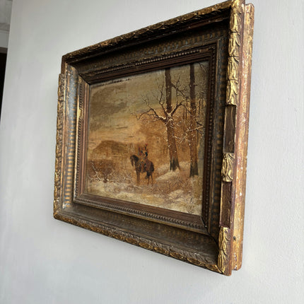 19th Century Antique Winter Landscape Oil Painting "Mounted Frame" Small Artwork Holland Art Shop