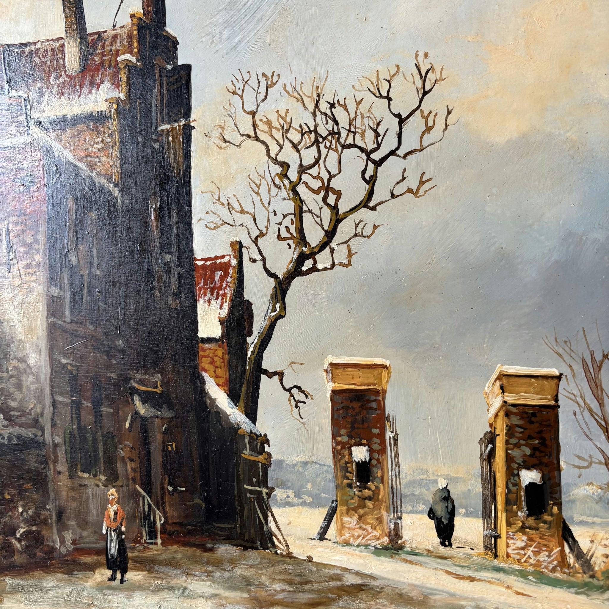19th Century Antique Brick Building Snow Trees Skaters Oil Painting Authentic