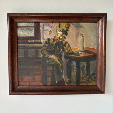 Remarkable Oil Painting Interior "Pensive Man" Original Small Art Holland Art Shop