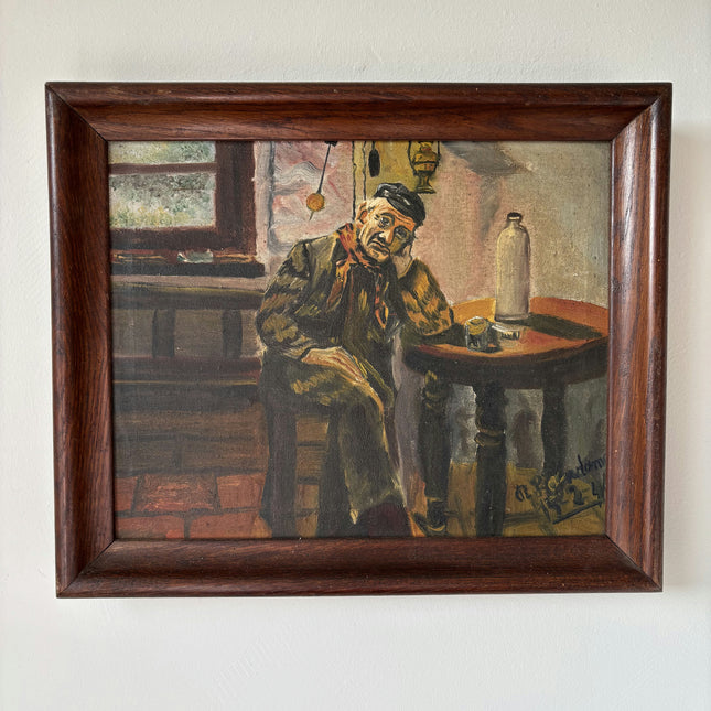Remarkable Oil Painting Interior "Pensive Man" Original Small Art Holland Art Shop