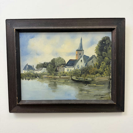 Elegant Landscape Oil Painting "Village Church" Vintage Art Holland Art Shop