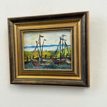 Original Harbor Scene Oil Painting "Fishing Boats" Authentic Small Artwork Holland Art Shop
