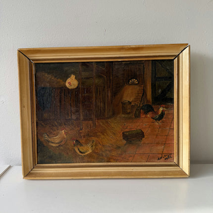 Vintage Oil Painting Animals "Chickens Roaming Free" Wonderful Small Artwork
