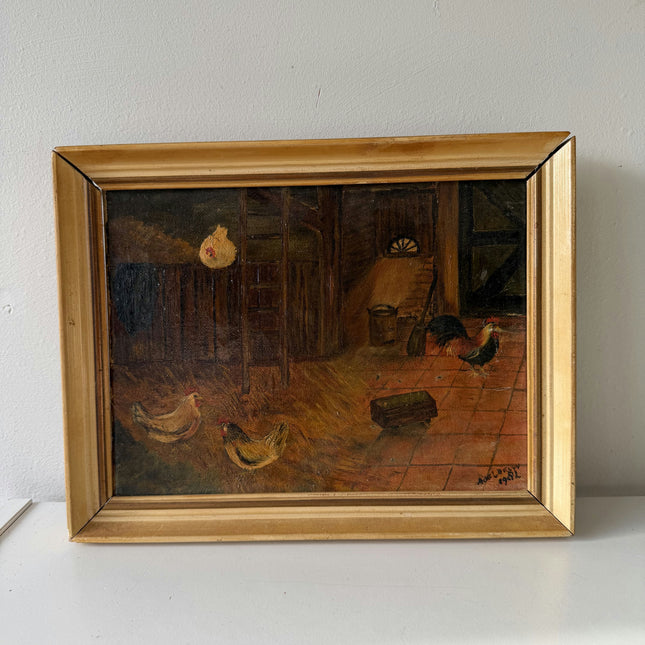 Vintage Oil Painting Animals "Chickens Roaming Free" Wonderful Small Artwork