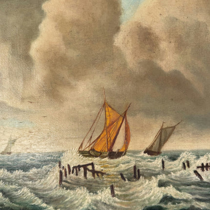 Authentic Seascape Oil Painting "Orange Sailboat" Rustic Small Art Holland Art Shop