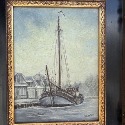Timeless Harbor Scene Oil Painting "Moored Ship" Handcrafted Small Artwork Holland Art Shop