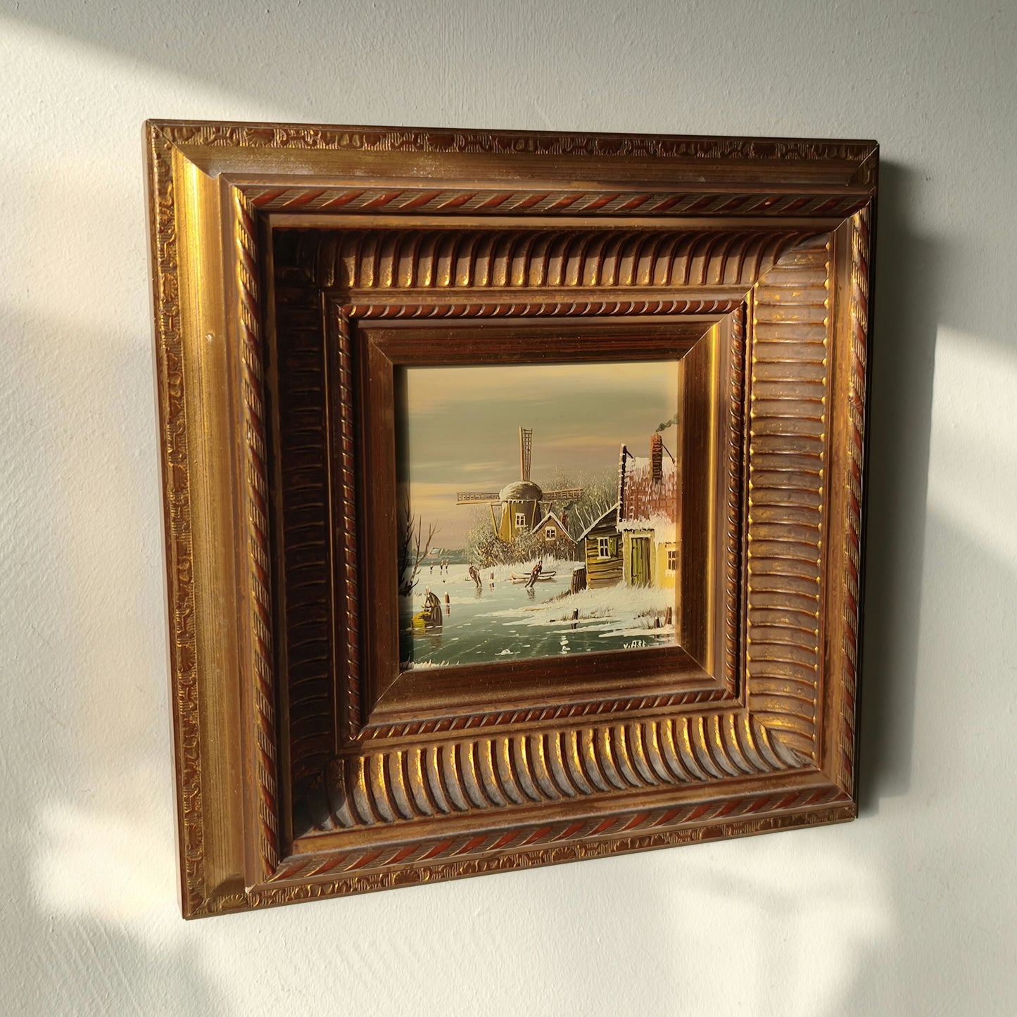 Authentic “Winter Village” Framed Oil Painting Snowy Windmill European Scene