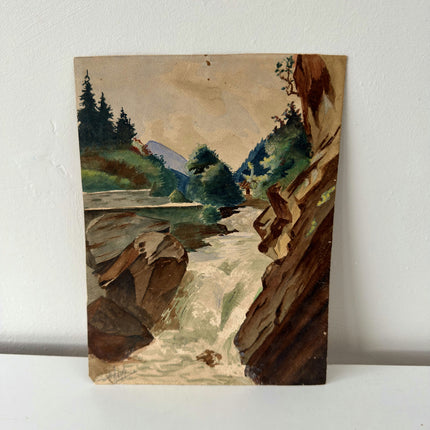 Authentic Landscape Aquarel "Rushing Waterfall" Rustic Small Artwork Holland Art Shop