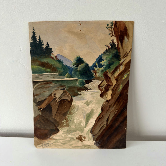Authentic Landscape Aquarel "Rushing Waterfall" Rustic Small Artwork Holland Art Shop
