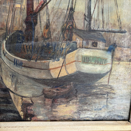 Detailed Harbor Scene Oil Painting "Docked Boats" Vintage Artwork Holland Art Shop