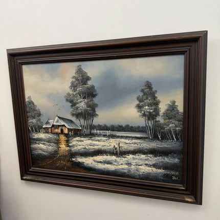 Rustic Winter Landscape Oil Painting "Riverside Cottage" Refined Large Art Holland Art Shop