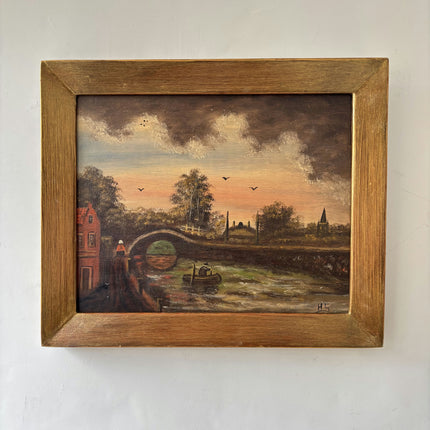 Detailed Harbor Scene Oil Painting "River Boat" Classic Small Artwork Holland Art Shop