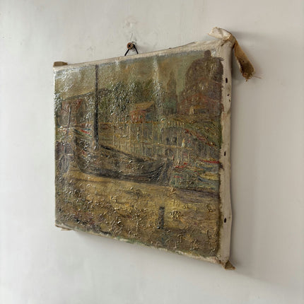 Dutch Hague School Antique Harbor Scene Oil Painting "Wooden Boat" Handcrafted Small Art Holland Art Shop