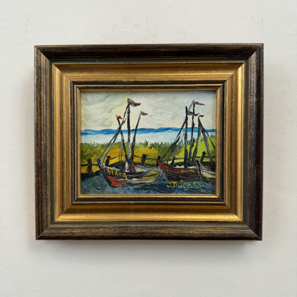 Original Harbor Scene Oil Painting "Fishing Boats" Authentic Small Artwork Holland Art Shop