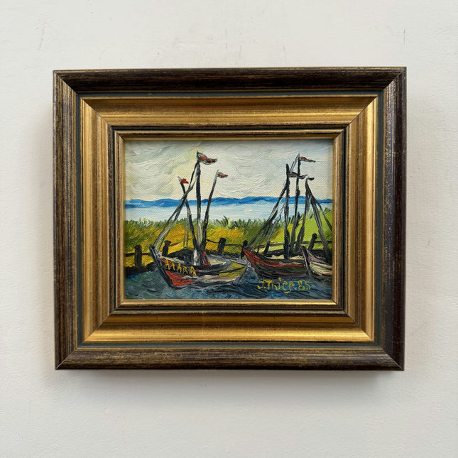 Original Harbor Scene Oil Painting "Fishing Boats" Authentic Small Artwork Holland Art Shop