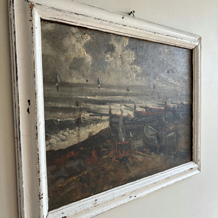 Rustic Seascape Oil Painting "Fishing Boats" Handcrafted Artwork Holland Art Shop