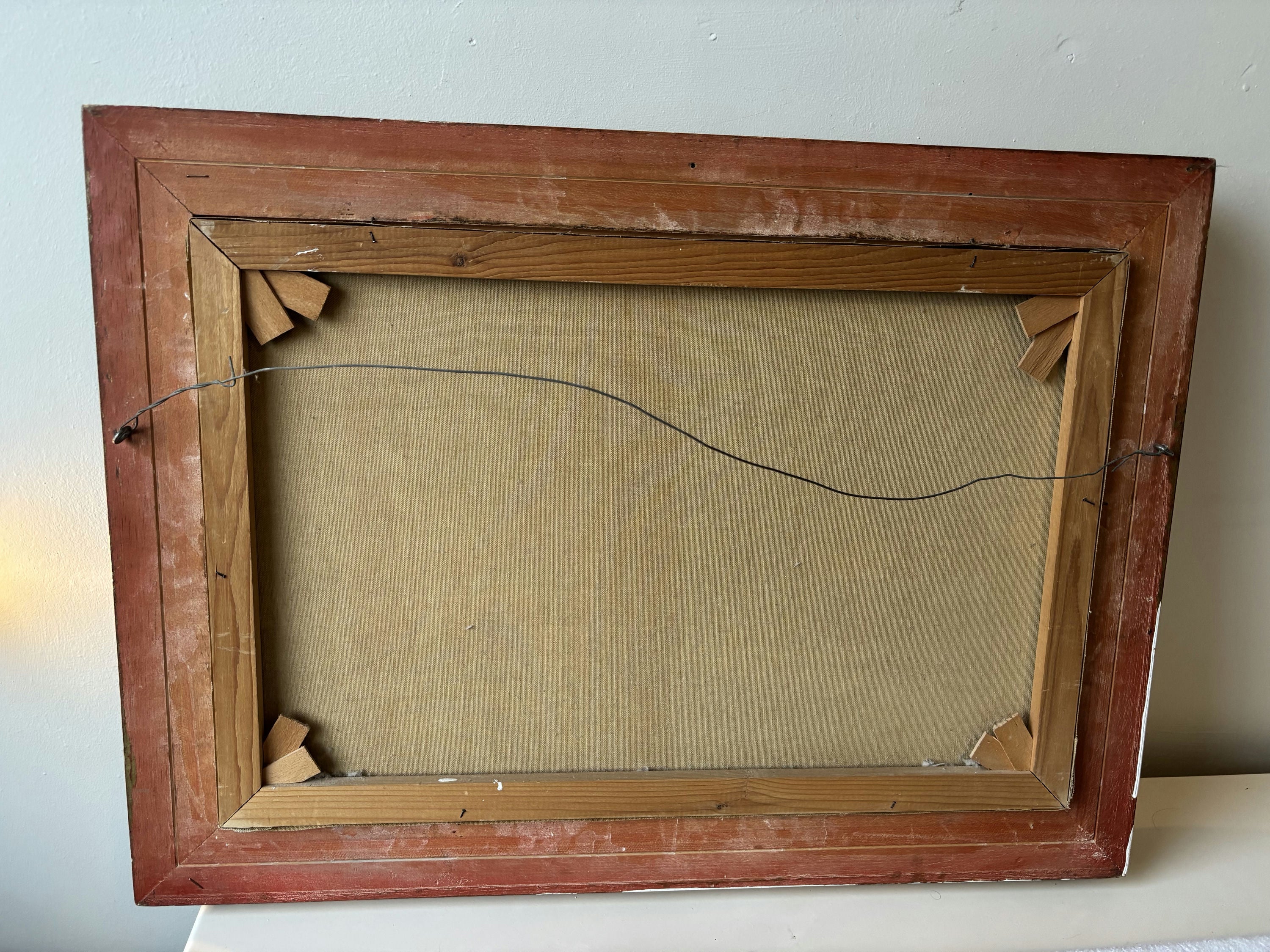 20th Century Riverside Winter Village Trees Bridge Oil Painting Vintage