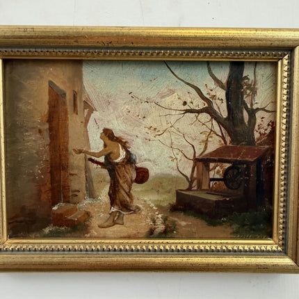 19th Century Antique Scenery Oil Painting "Begging Woman" Small Artwork Holland Art Shop