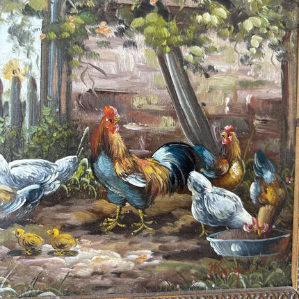 Antique Oil Painting Animals "Flock Of Chickens" Intriguing Small Art Holland Art Shop