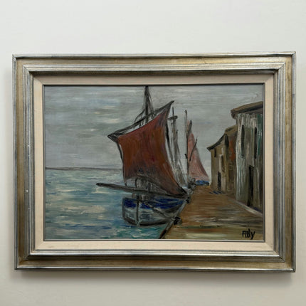 Original Harbor Scene Oil Painting "Red Sailboat" Elegant Large Art Holland Art Shop