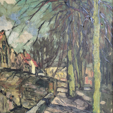 1910 Antique Cityscape Oil Painting "Stone Bridge" Large Artwork Holland Art Shop