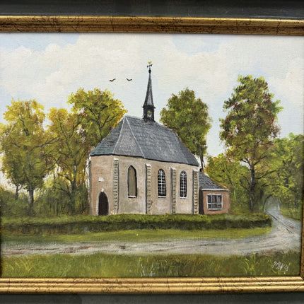 Vintage Cityscape Oil Painting "Village Church" Elegant Small Artwork Holland Art Shop