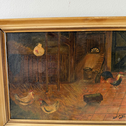 Vintage Oil Painting Animals "Chickens Roaming Free" Wonderful Small Artwork