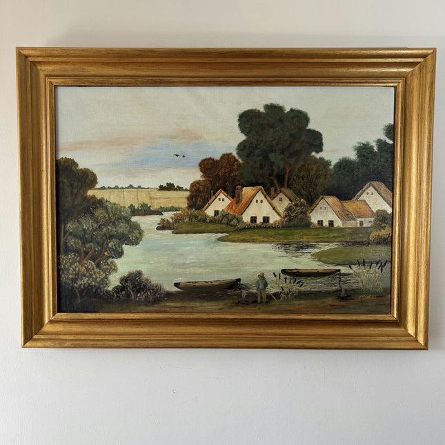 Wonderful Oil Painting Landscape "Fishing Boy" Vintage Large Art Holland Art Shop