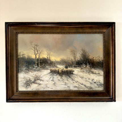 Intriguing Oil Painting Winter Landscape "Shepherd With Sheep" Belgique Art Holland Art Shop